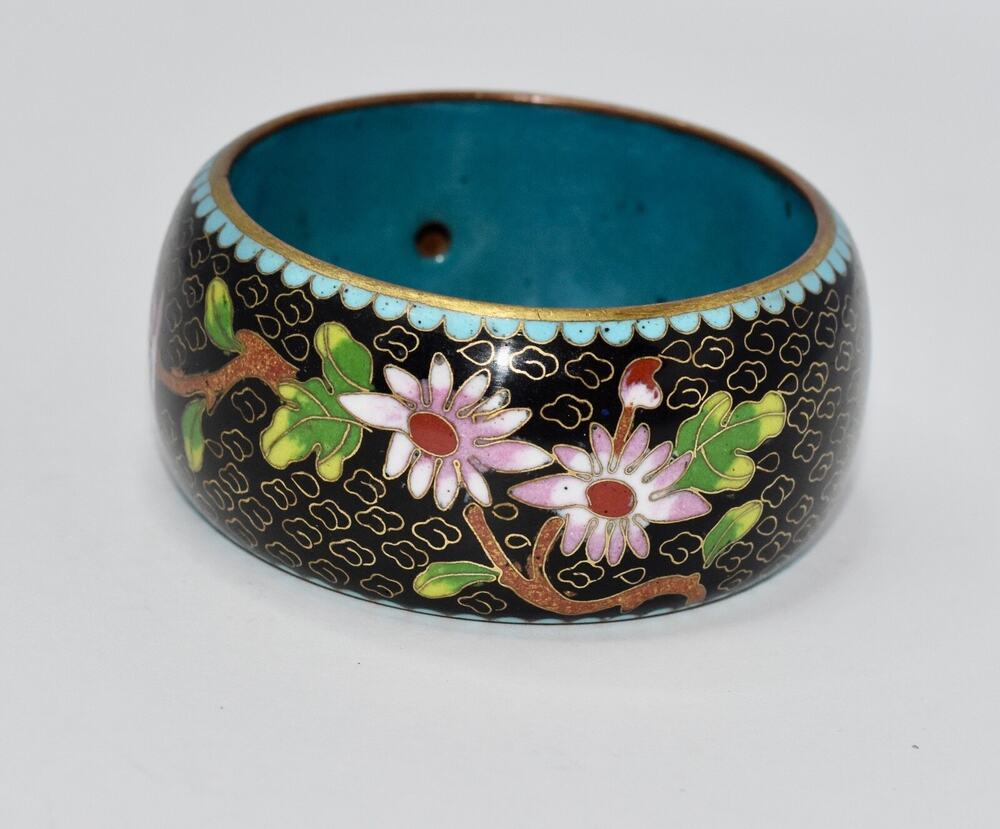Chinese Cloisonné Enamel Flower Bangle Bracelet - Vintage 1970s
